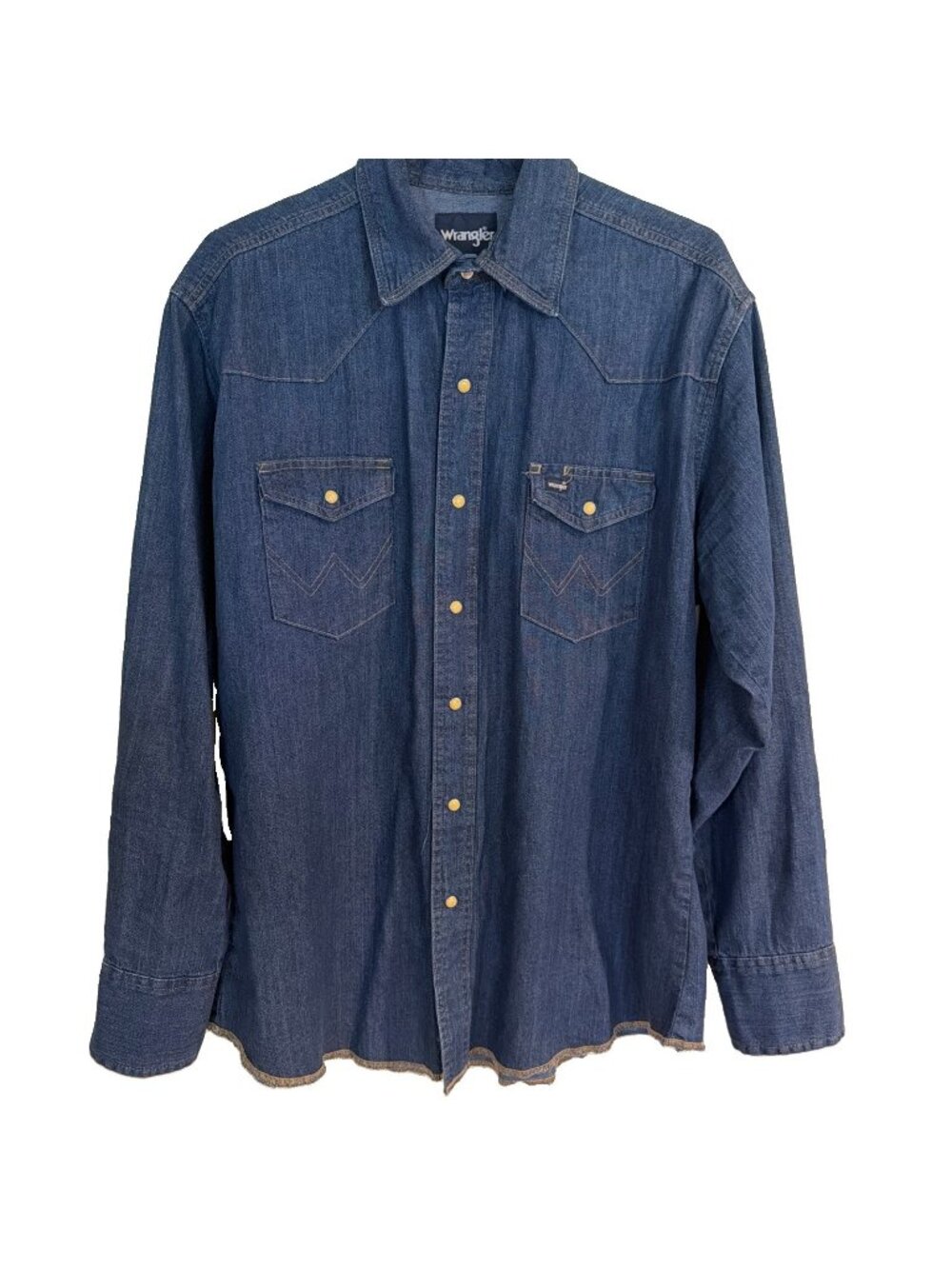 WRANGLER Vintage Heavy Blue Denim Pearl Snap Shirt Western Cowboy Mens Sz L